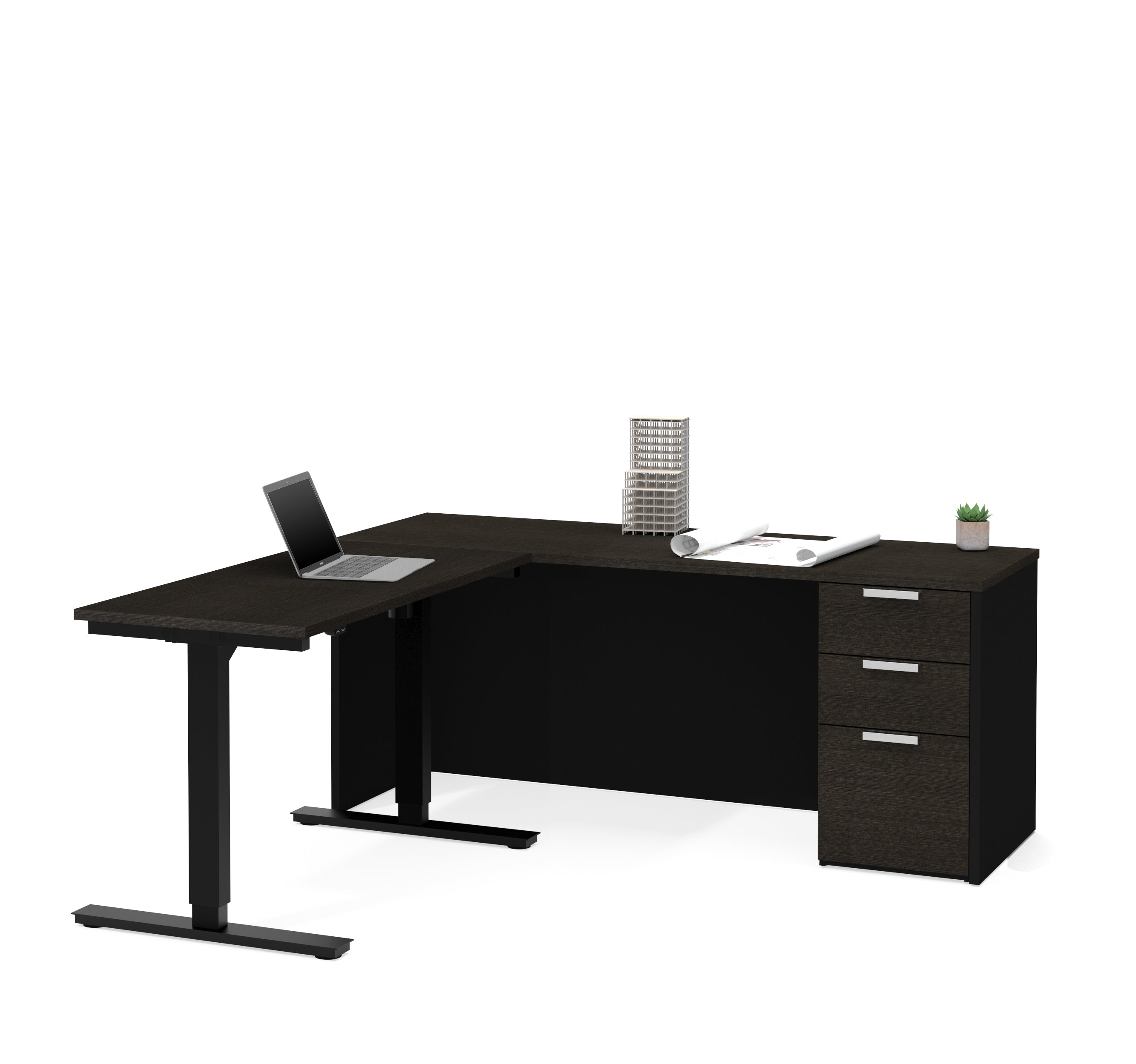 Modern L-shaped Desk in Deep Gray & Black with Height Adjustable Side