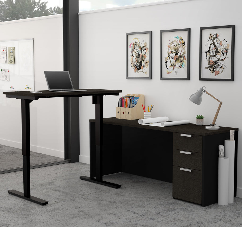 Modern L-shaped Desk in Deep Gray & Black with Height Adjustable Side