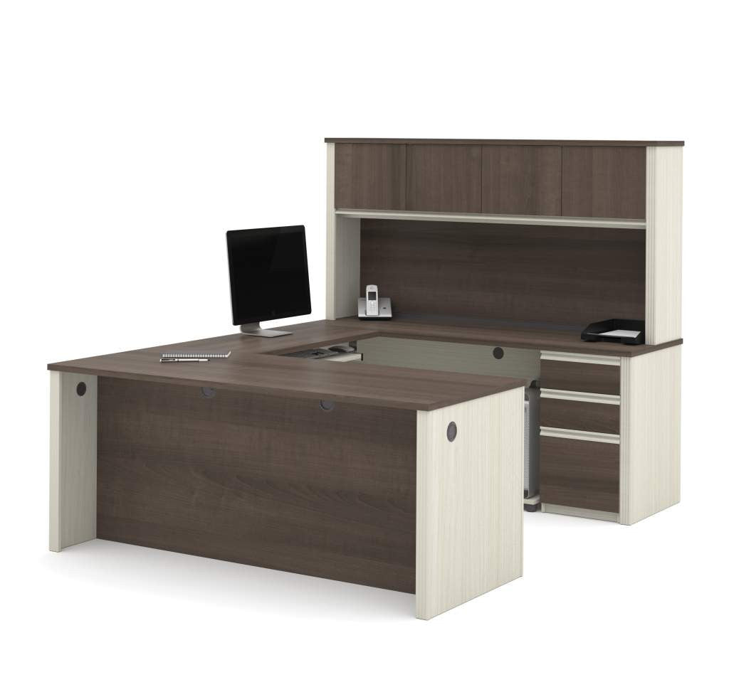 U-shaped Desk and Hutch in White Chocolate & Antigua